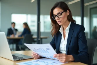 Salariée cadre consultant ses droits à la retraite complémentaire Agirc-Arrco dans un bureau moderne