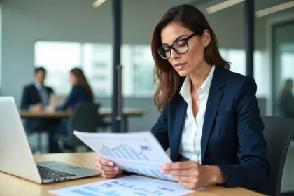 Salariée cadre consultant ses droits à la retraite complémentaire Agirc-Arrco dans un bureau moderne