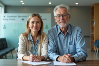Une femme d'âge moyen et un homme âgé à la réception d'une clinique