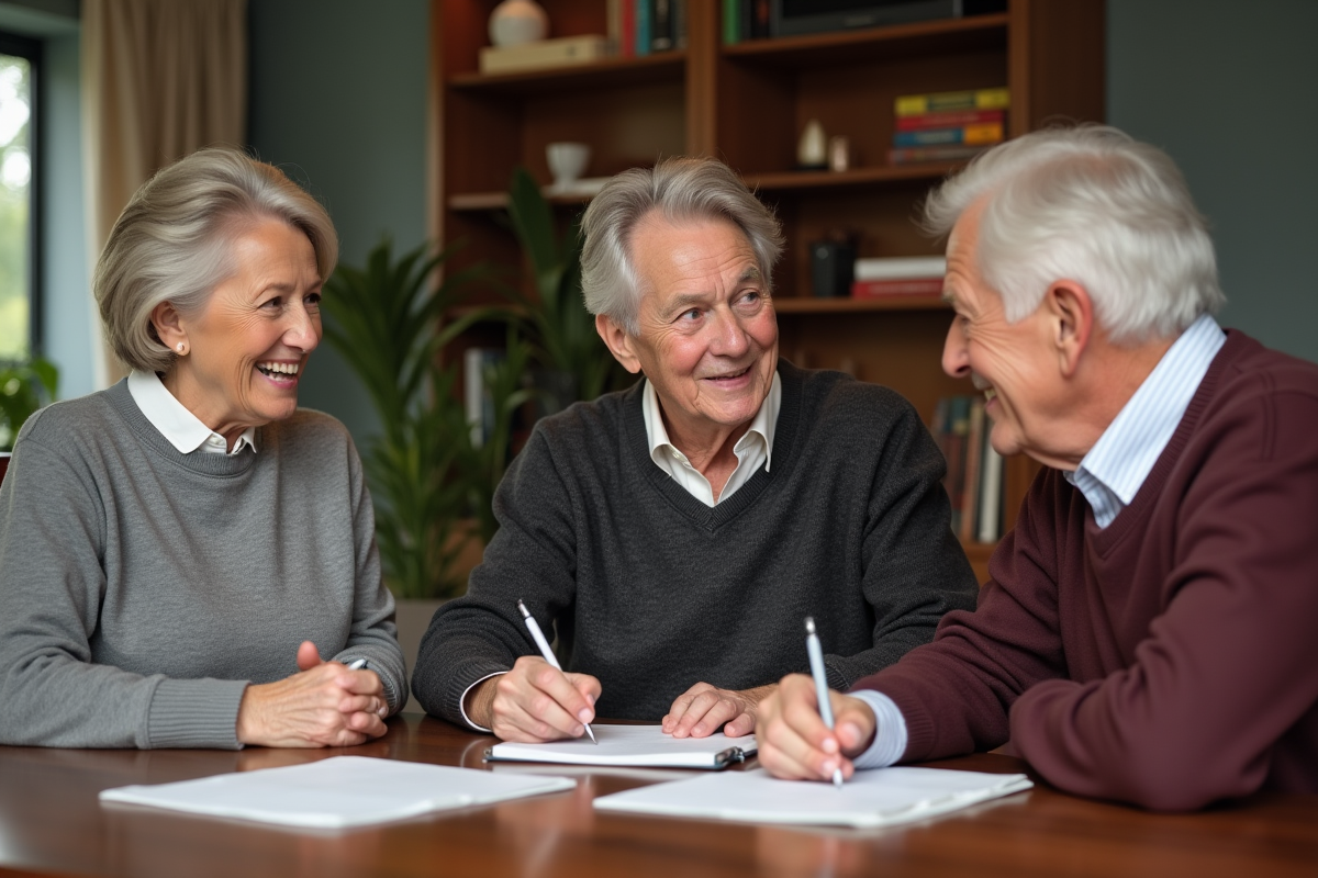 Quatre seniors jouent à 20 questions autour d'une table