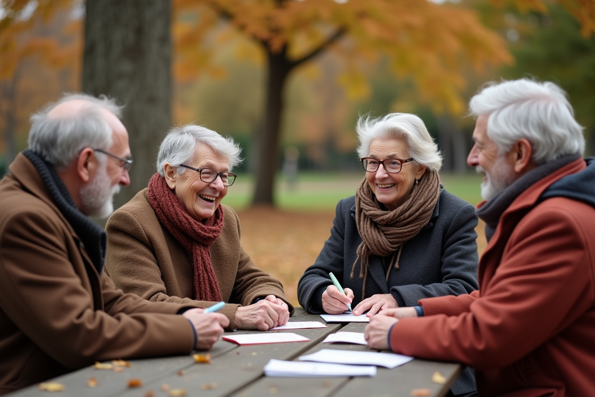 Groupe de seniors joue à 20 questions en plein air dans un parc