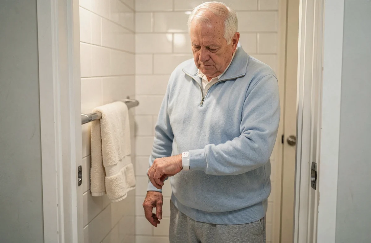 Un senior porte un bracelet anti-chute sans abonnement près de la salle de bain