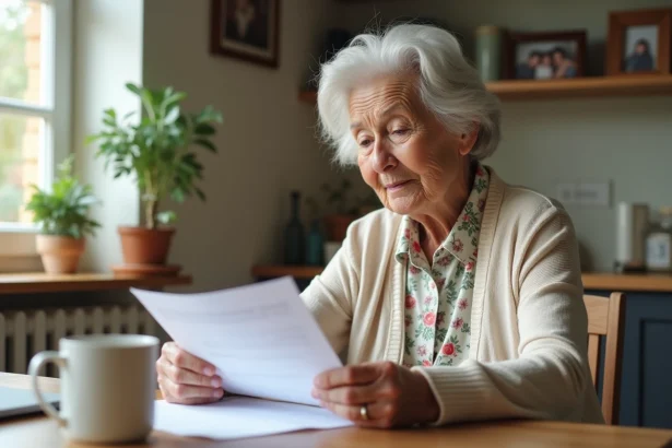 Femme âgée consulte des documents d'aide à la maison
