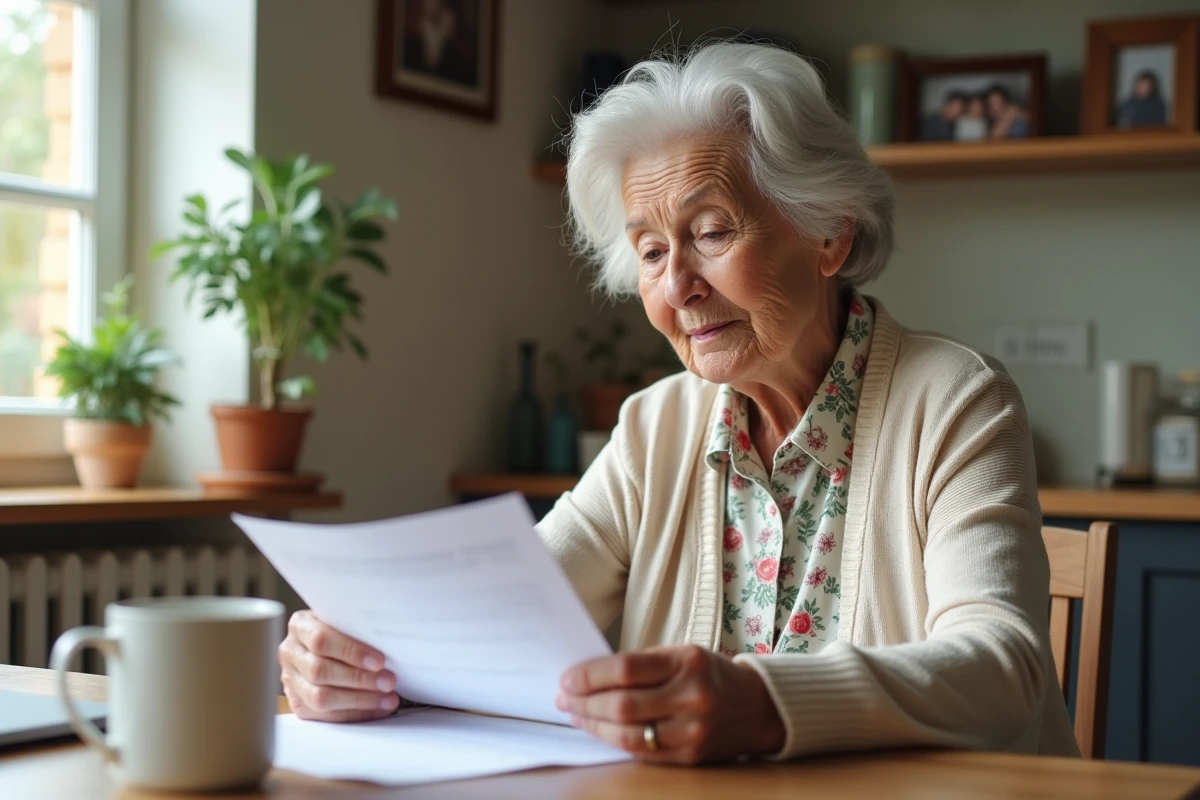 Femme âgée consulte des documents d'aide à la maison