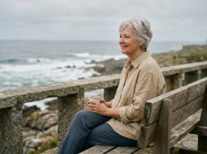 Femme senior aux cheveux argentés assise sur un banc en bois face à la mer sur une promenade côtière