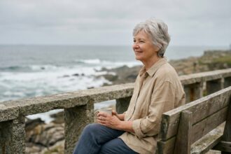 Femme senior aux cheveux argentés assise sur un banc en bois face à la mer sur une promenade côtière