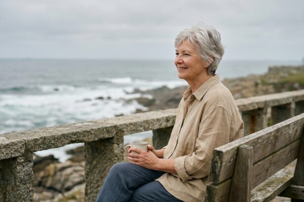 Femme senior aux cheveux argentés assise sur un banc en bois face à la mer sur une promenade côtière