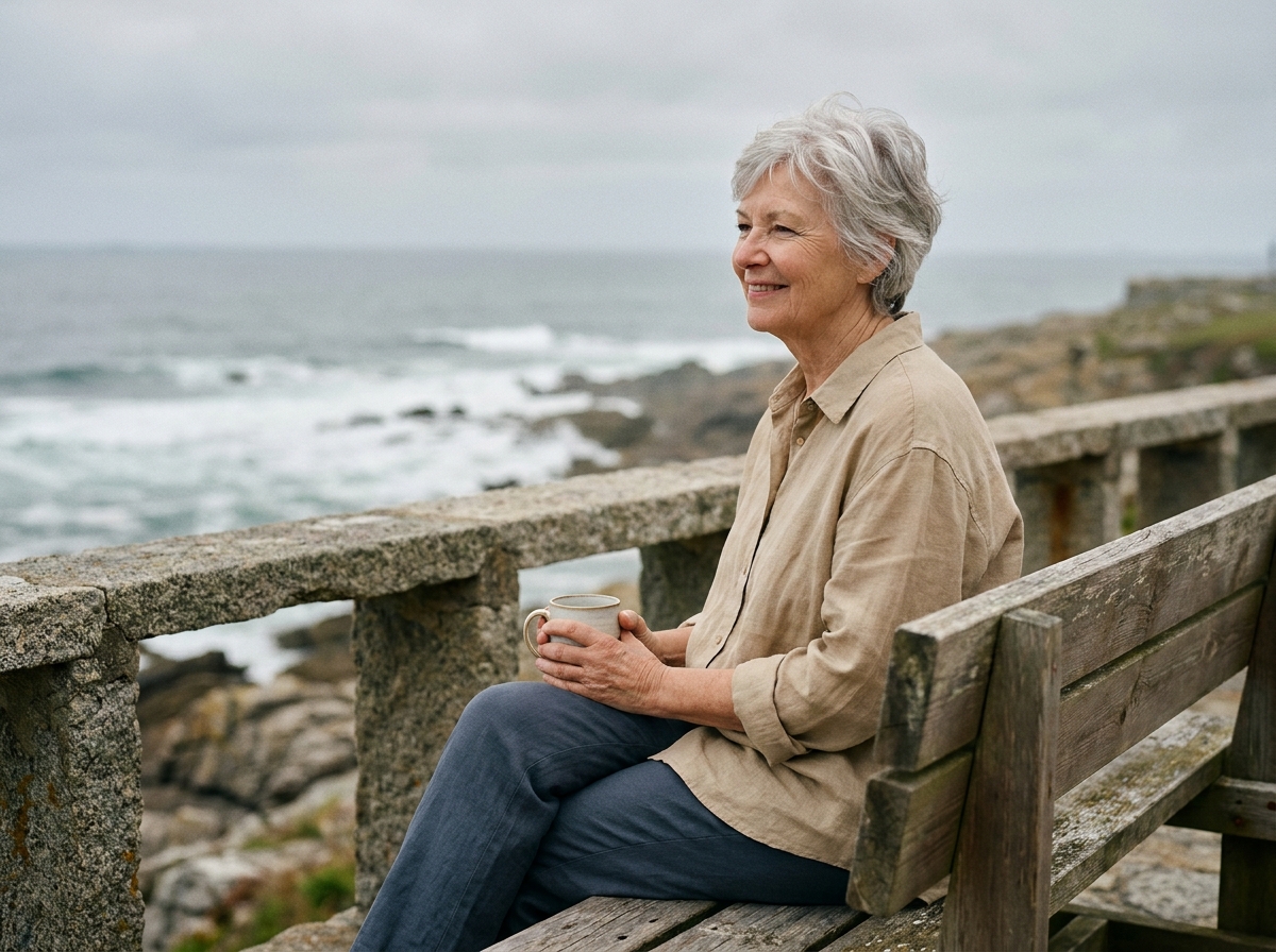 Femme senior aux cheveux argentés assise sur un banc en bois face à la mer sur une promenade côtière