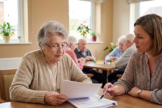 Une femme âgée et sa fille adulte examinent ensemble les documents tarifaires d'un EHPAD autour d'une table en bois