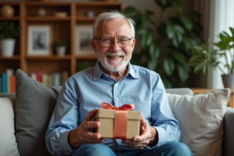 Homme senior souriant déballant un cadeau dans son salon chaleureux