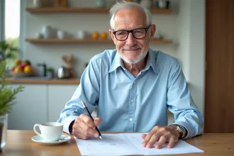 Homme senior souriant examine ses documents de pension