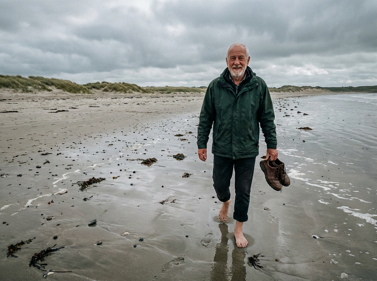 Homme senior se promenant pieds nus sur une plage de sable à marée basse avec un sourire détendu