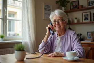 Une dame âgée souriante téléphone depuis sa cuisine, maintenant le lien social grâce à l'accompagnement de Gestea Senior à Lille