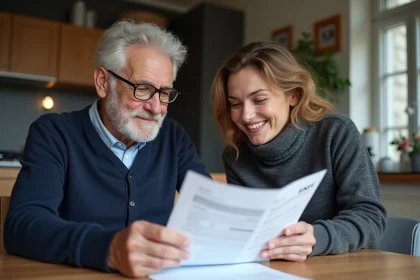 Un senior partage des documents SNCF avec sa fille dans un appartement