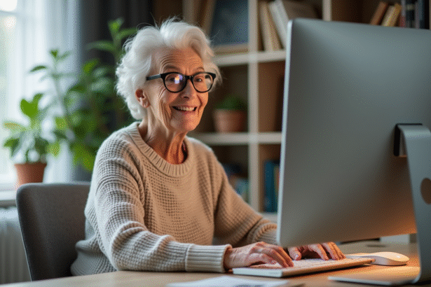 Seniore souriante utilisant un ordinateur à la maison