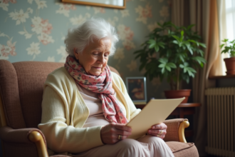 Femme âgée lisant une lettre dans un salon d EHPAD