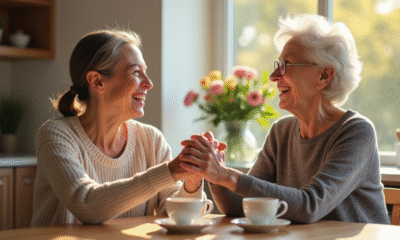 Seniors souriants partageant un thé avec un volontaire