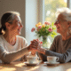 Seniors souriants partageant un thé avec un volontaire