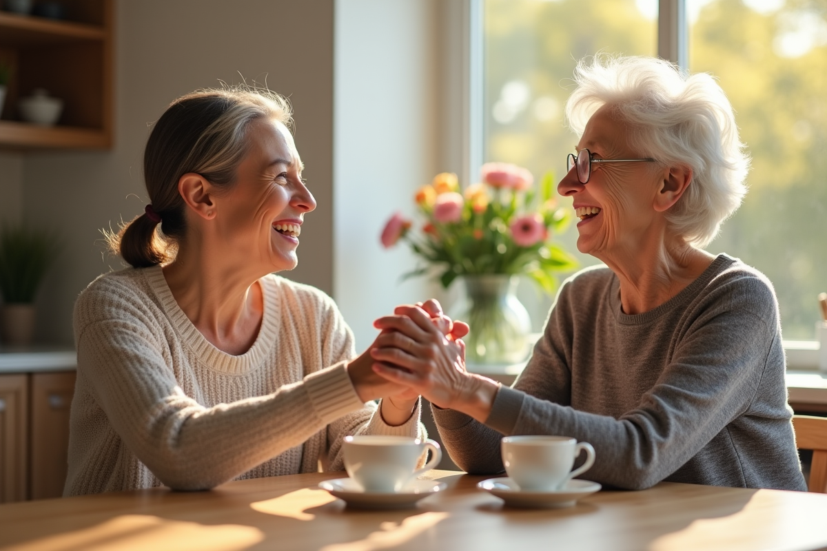 Seniors souriants partageant un thé avec un volontaire