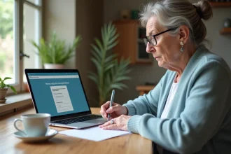 Femme remplissant un simulateur GIR autonomie en ligne sur ordinateur portable à domicile