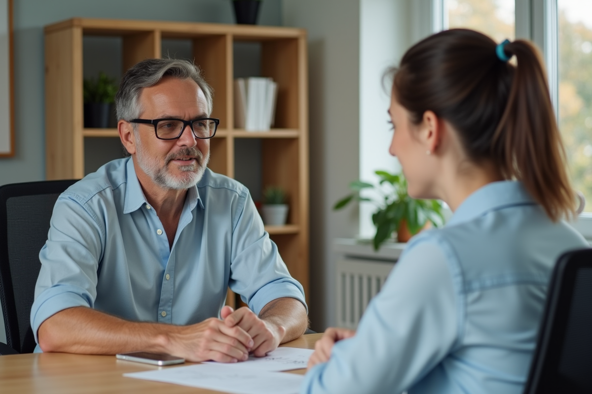Travailleur social écoutant une femme dans un bureau