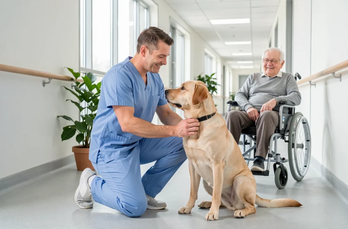 Soignant en maison de retraite accueillant un grand chien Labrador aux côtés d'un résident en fauteuil roulant