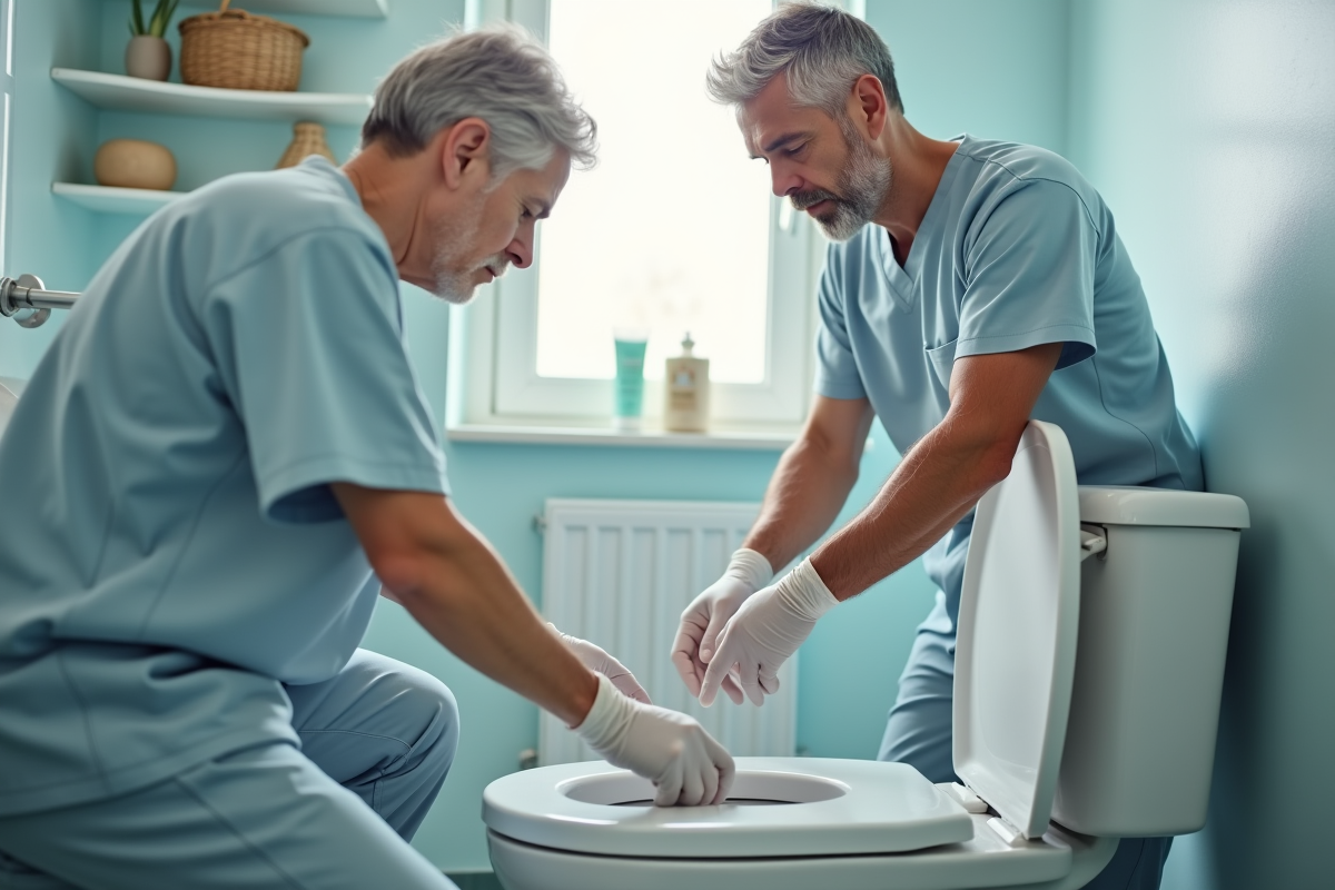 Soignant ajustant un rehausseur de toilette dans la salle de bain