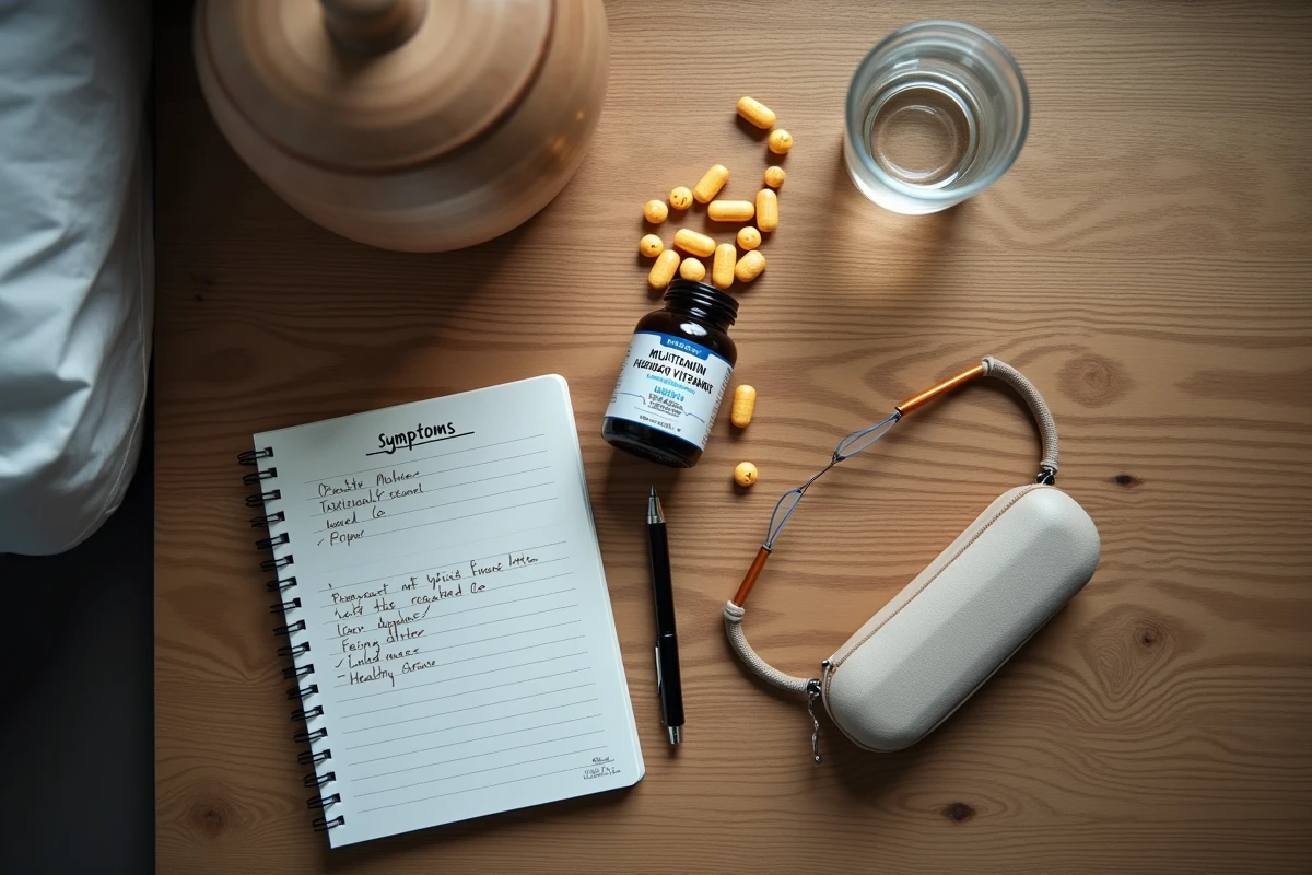 Table de chevet avec flacon de vitamines Azinc Senior, verre d'eau et carnet de notes sur les effets ressentis