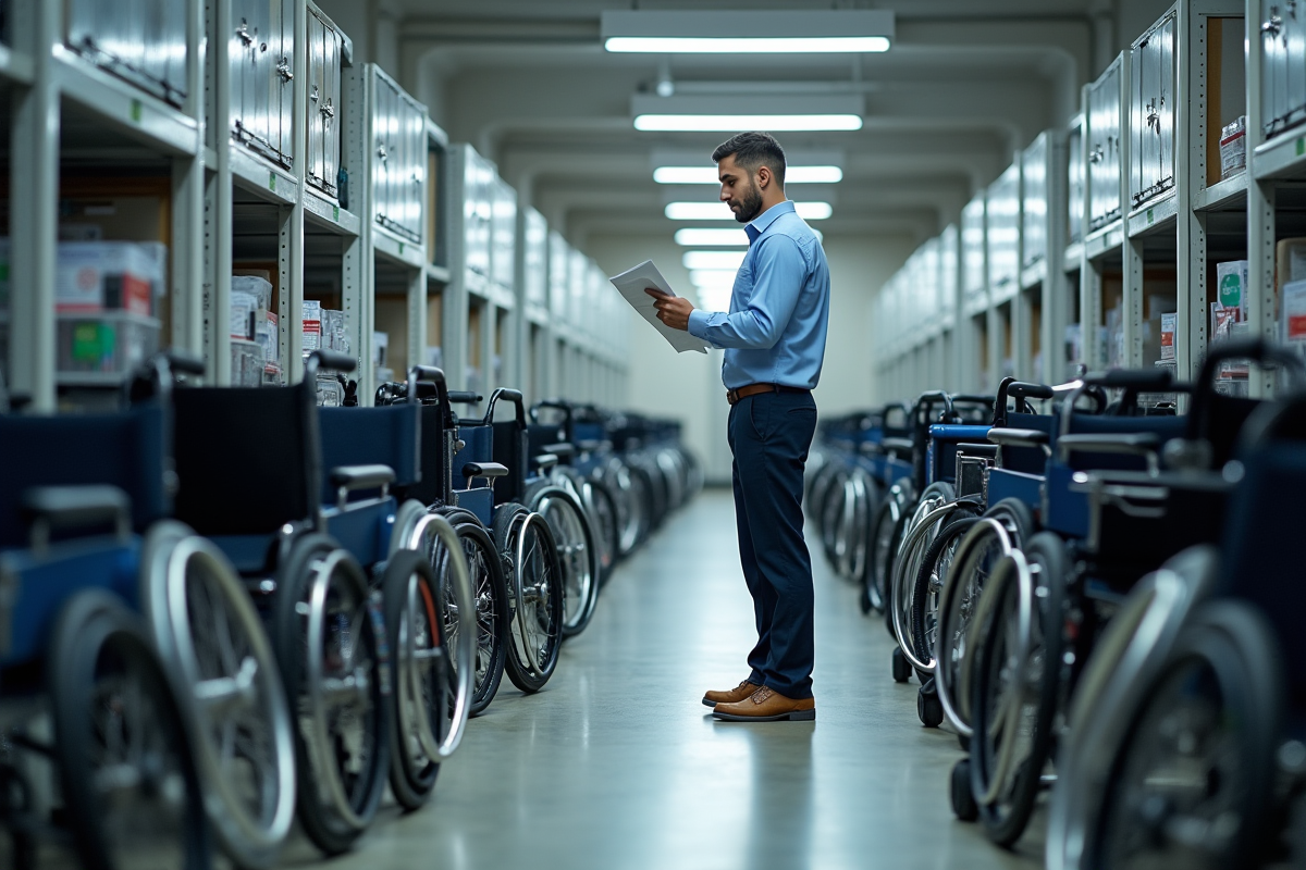 Technicien en tenue déployant du matériel médical dans un stock hospitalier