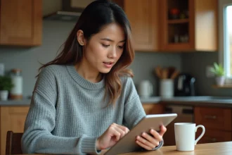 Femme téléchargeant l'application Mon Proxima sur une tablette Android dans une cuisine moderne