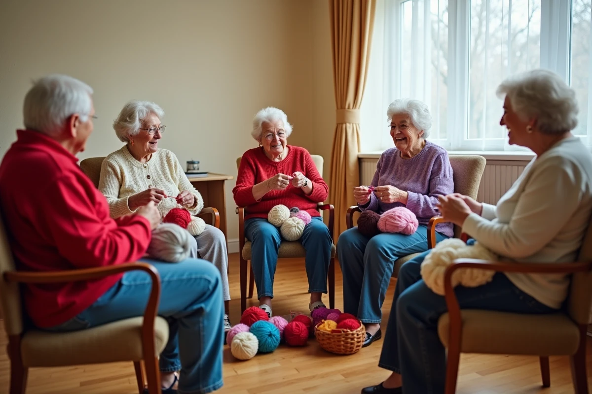Groupe de seniors souriant et tricotant ensemble lors d'une activité créative en groupe dans une salle communautaire