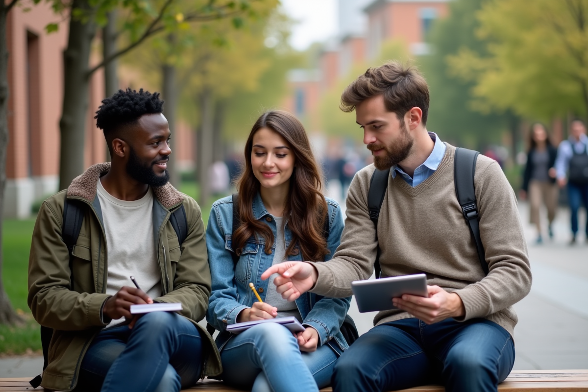 Tuteur guidant deux étudiants en plein air sur un banc