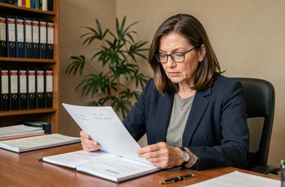 Tutrice professionnelle examinant un dossier administratif de majeur protégé à son bureau