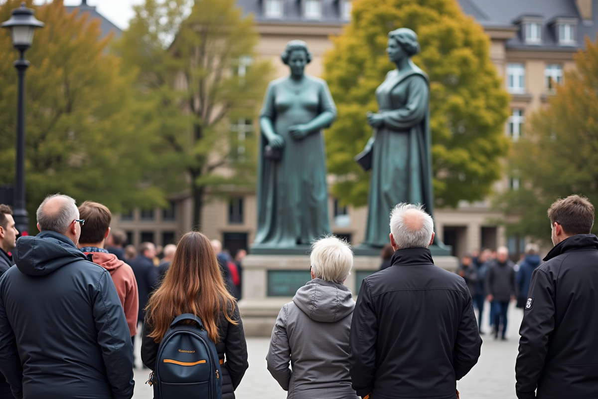 Groupe diversifié autour de la statue de la reine Elizabeth dans une place publique
